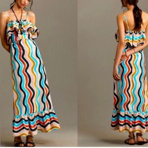 Anthropologie Farm Rio Beaks Bananas Wavy Stripe Ruffle Bodice Maxi Dress